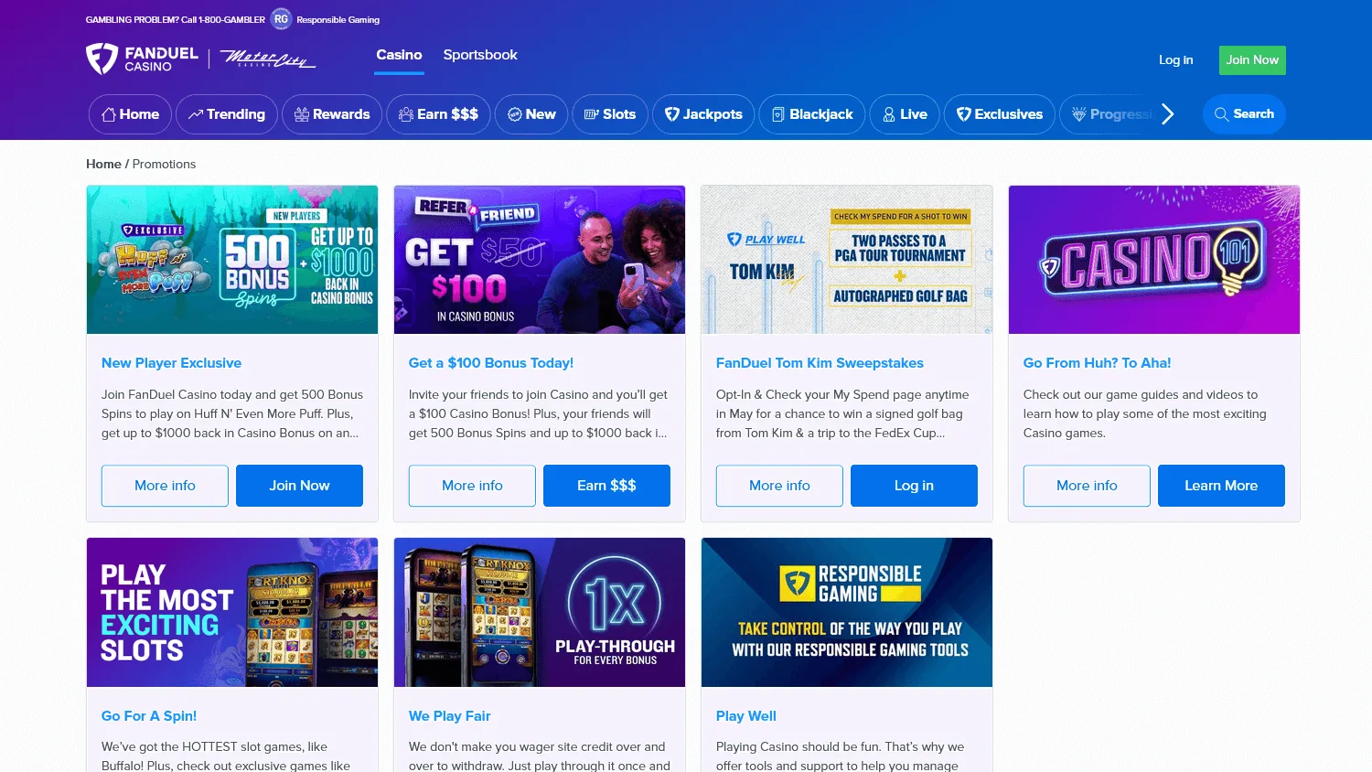 FanDuel Casino desktop promotions area