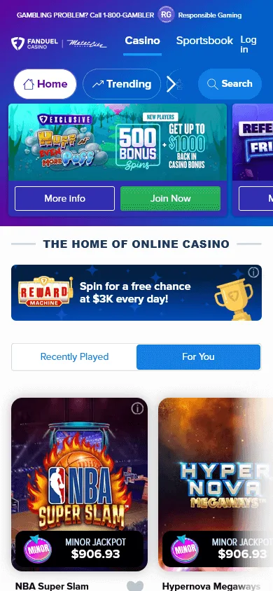 FanDuel Casino mobile home screen